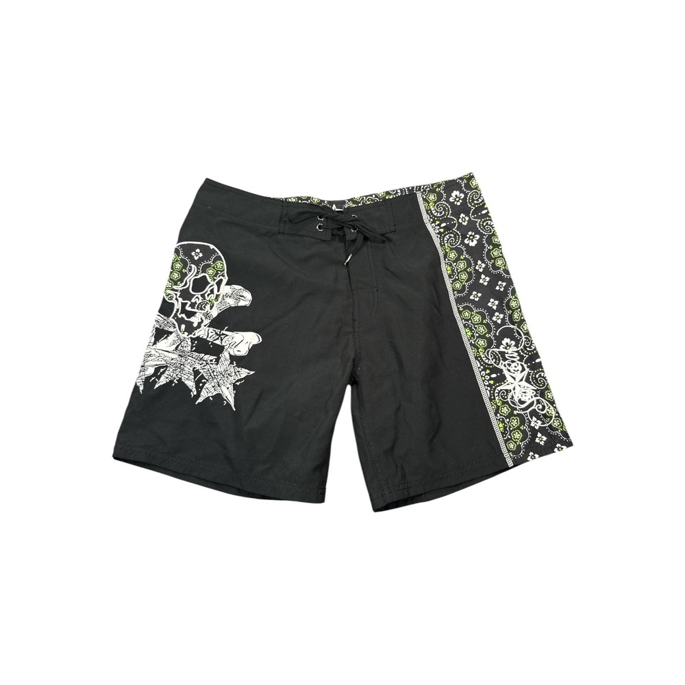 SoCal No‎ Fear Board Shorts Black Skull Paisley Star Y2K Swim Trunks